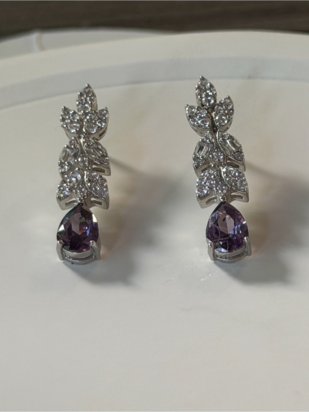 Sterling Silver Purple Teardrop Dangle Earrings with Crystal Leaves #479